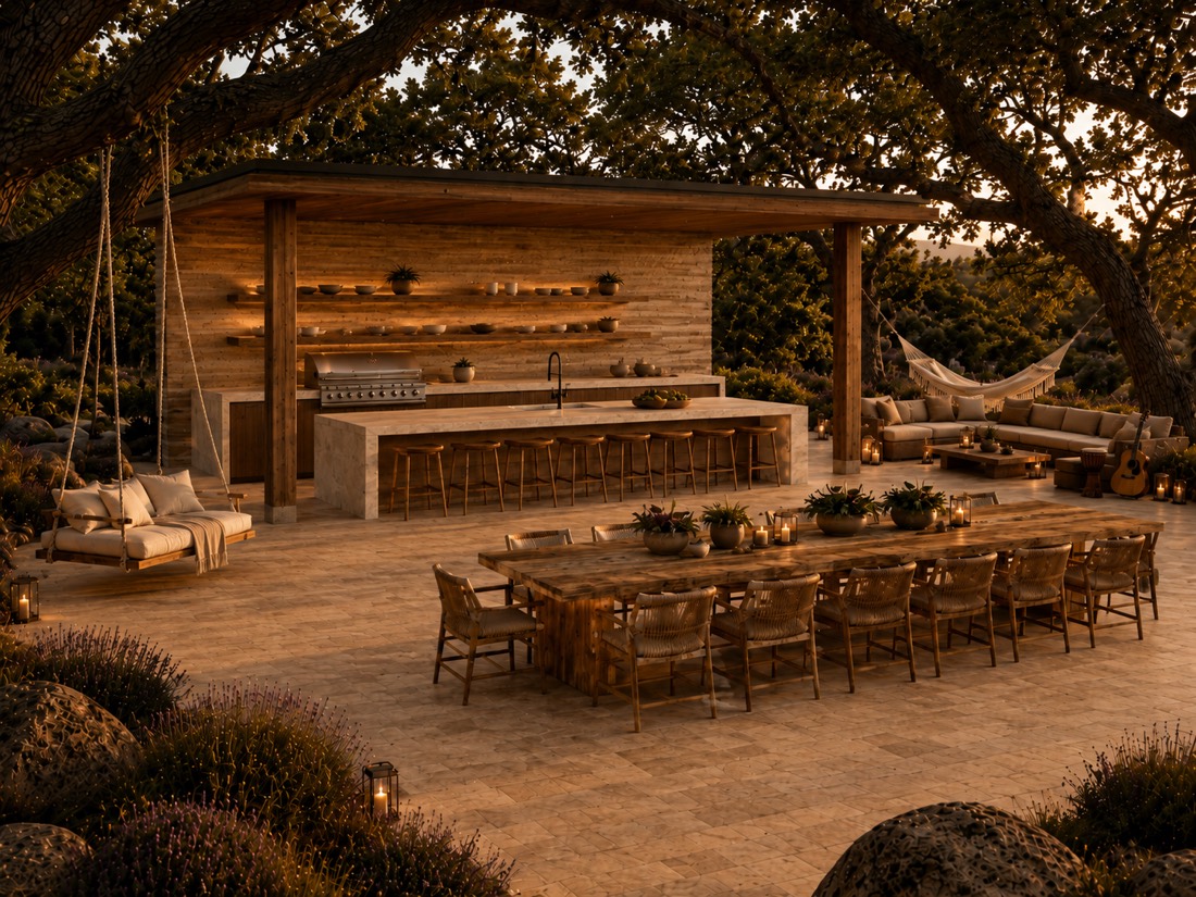 A long farm table set under the oaks at dusk