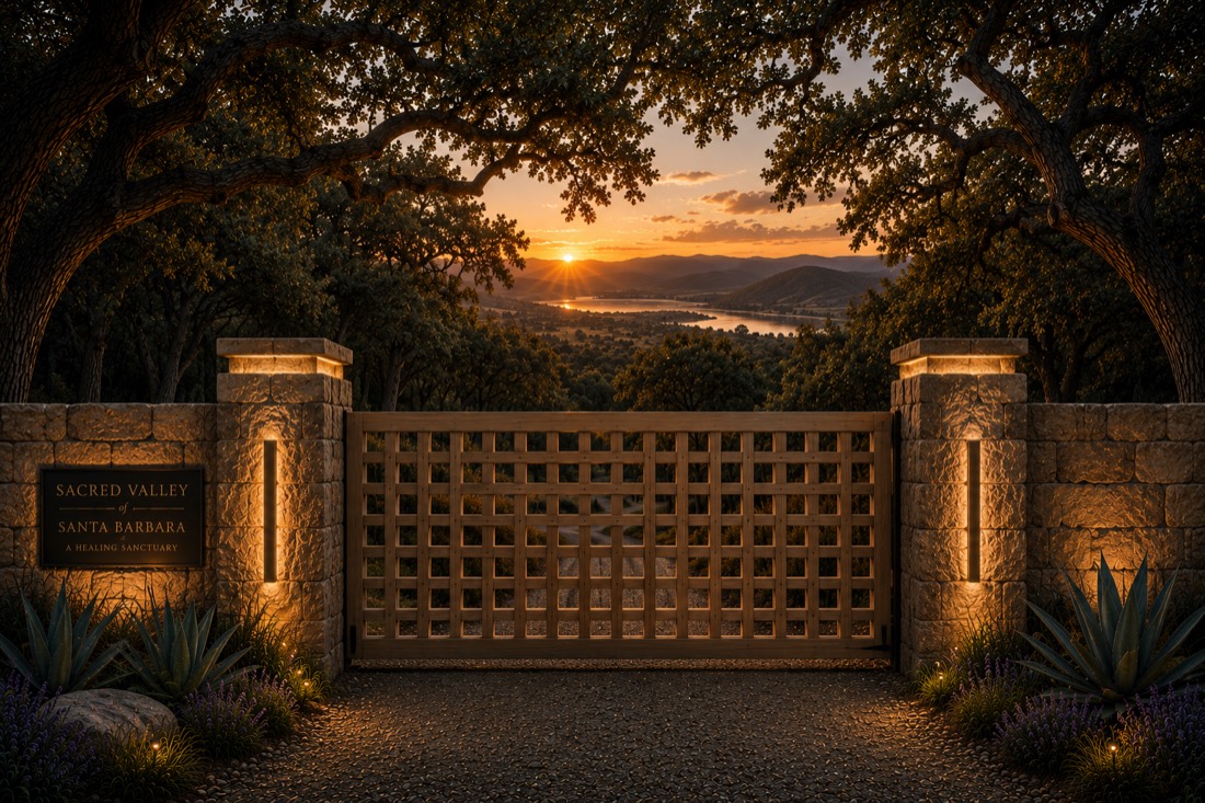 The stone entrance gate at sunset