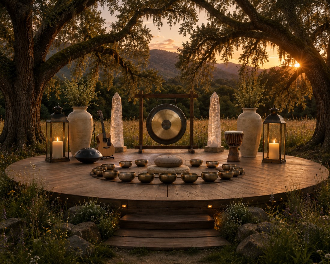 A sound-healing setting with gong and singing bowls under the oaks